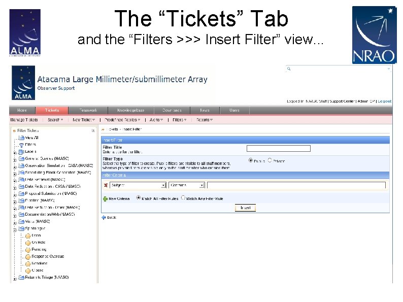 The “Tickets” Tab and the “Filters >>> Insert Filter” view. . . 