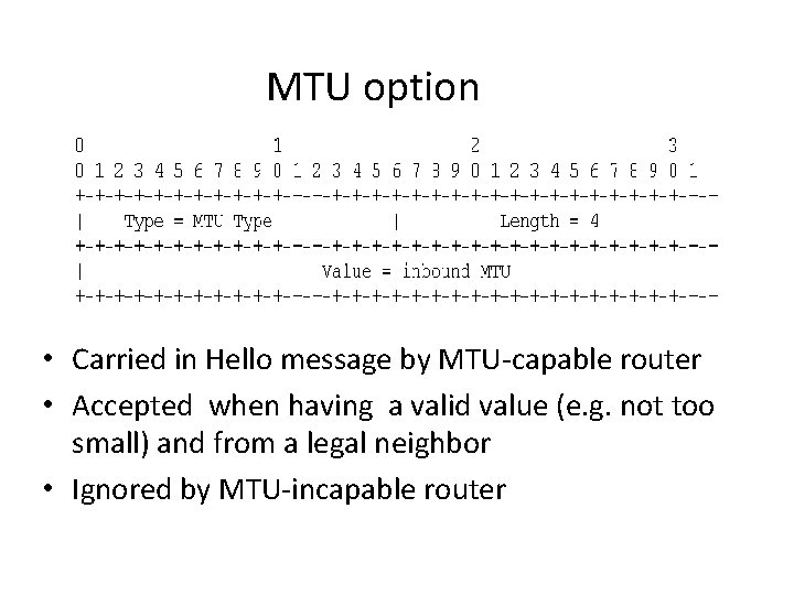 MTU option • Carried in Hello message by MTU-capable router • Accepted when having