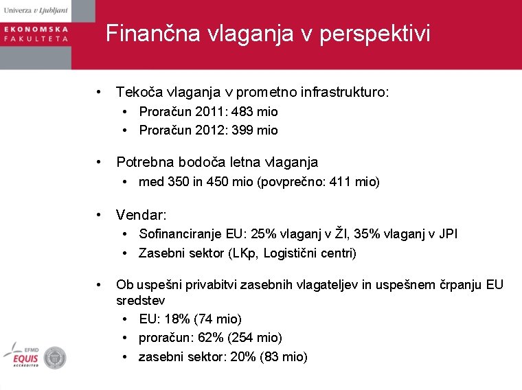 Finančna vlaganja v perspektivi • Tekoča vlaganja v prometno infrastrukturo: • Proračun 2011: 483