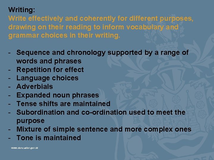 Writing: Write effectively and coherently for different purposes, drawing on their reading to inform