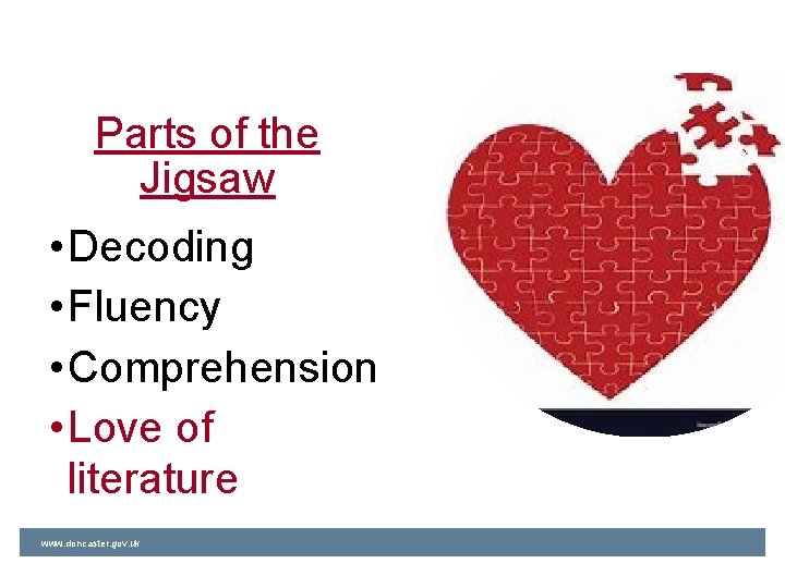 Parts of the Jigsaw • Decoding • Fluency • Comprehension • Love of literature
