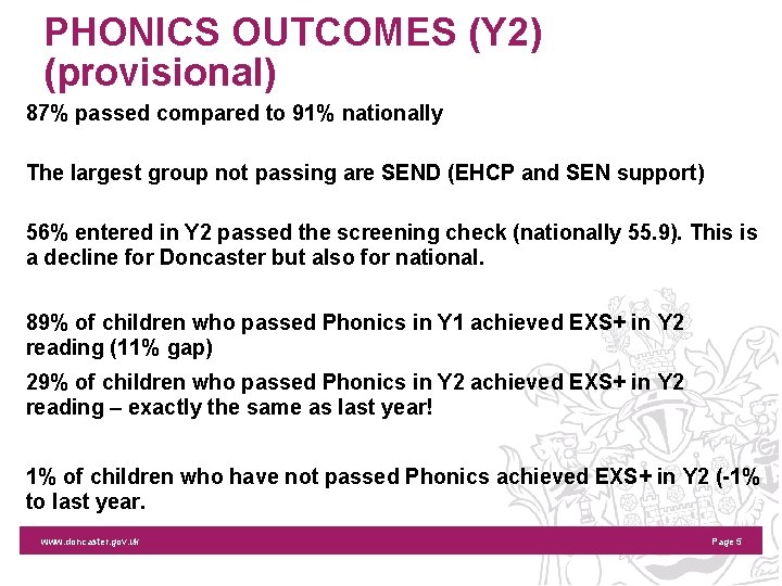 PHONICS OUTCOMES (Y 2) (provisional) 87% passed compared to 91% nationally The largest group