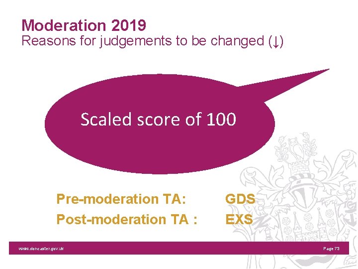 Moderation 2019 Reasons for judgements to be changed (↓) Scaled score of 100 Pre-moderation