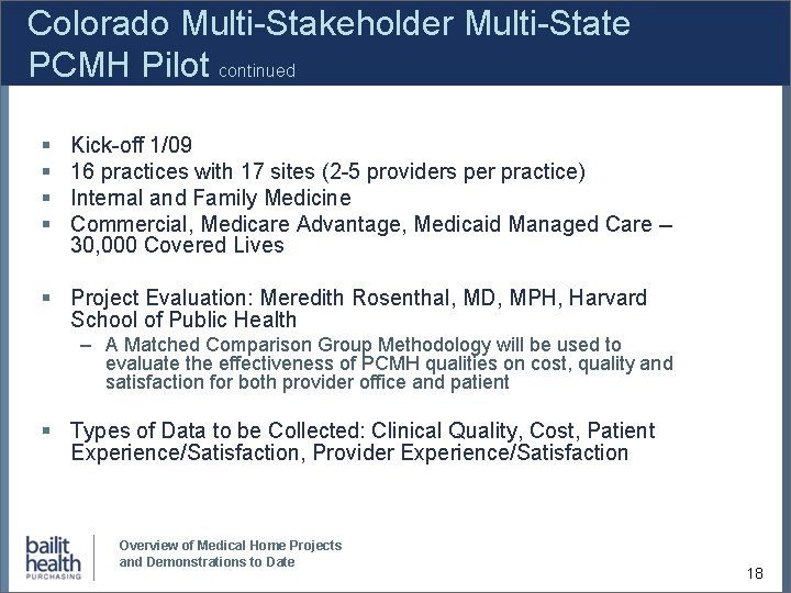 Colorado Multi-Stakeholder Multi-State PCMH Pilot continued § § Kick-off 1/09 16 practices with 17