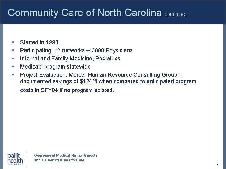Community Care of North Carolina continued § § § Started in 1998 Participating: 13