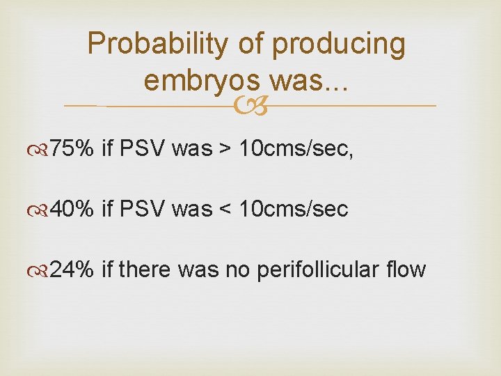 Probability of producing embryos was. . . 75% if PSV was > 10 cms/sec,