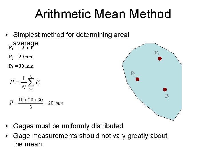 Arithmetic Mean Method • Simplest method for determining areal average P 1 = 10