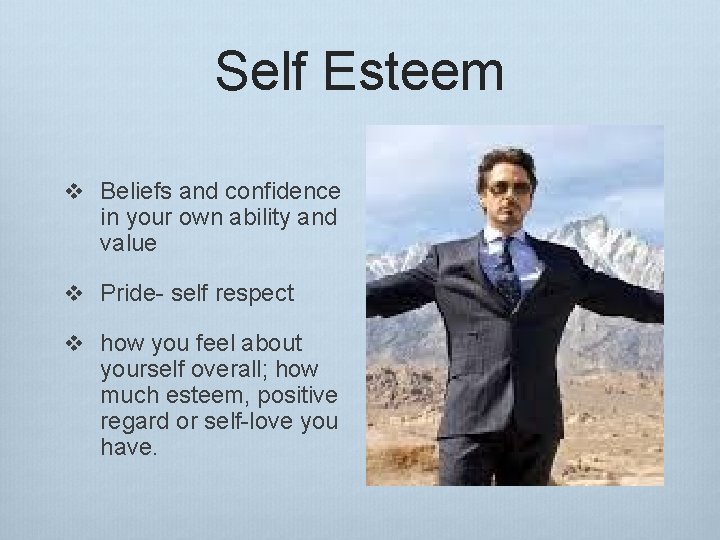 Self Esteem v Beliefs and confidence in your own ability and value v Pride-