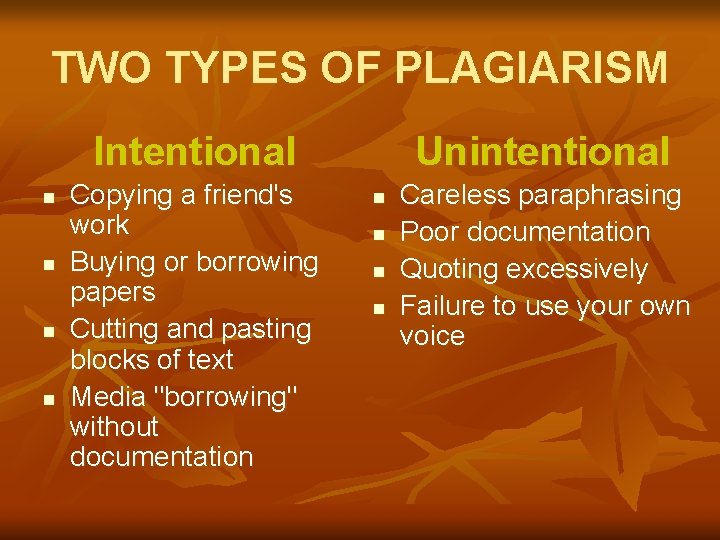 TWO TYPES OF PLAGIARISM Intentional n n Copying a friend's work Buying or borrowing
