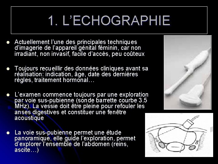 1. L’ECHOGRAPHIE l Actuellement l’une des principales techniques d’imagerie de l’appareil génital féminin, car