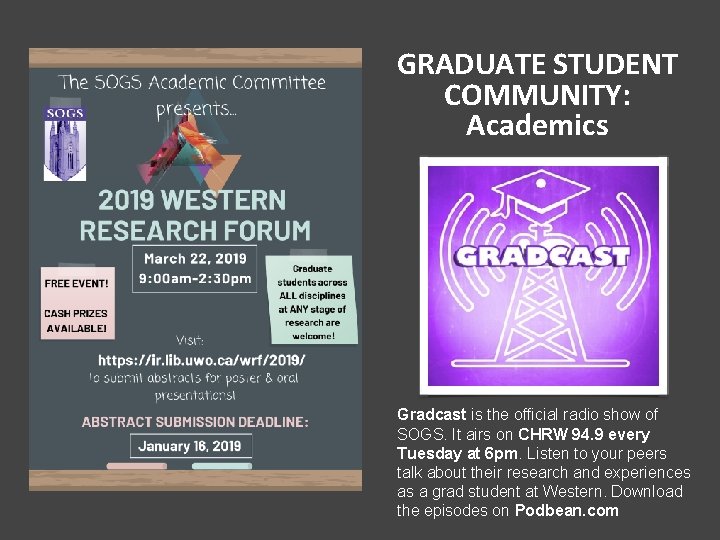 GRADUATE STUDENT COMMUNITY: Academics Gradcast is the official radio show of SOGS. It airs GRADUATE STUDENT COMMUNITY: Academics Gradcast is the official radio show of SOGS. It airs
