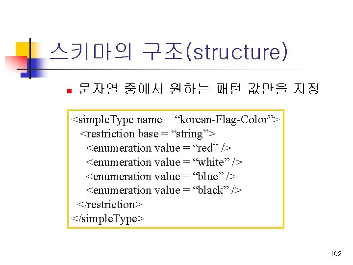 스키마의 구조(structure) n 문자열 중에서 원하는 패턴 값만을 지정 <simple. Type name = “korean-Flag-Color”>