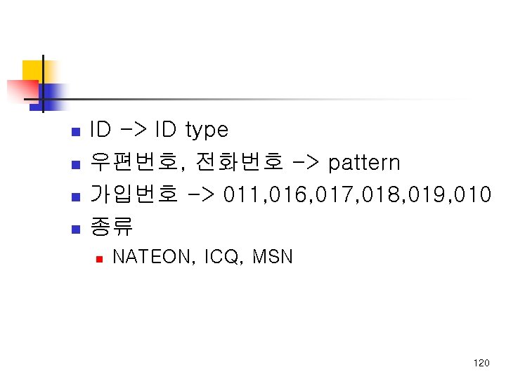 n n ID -> ID type 우편번호, 전화번호 -> pattern 가입번호 -> 011, 016,