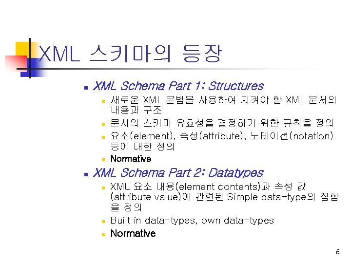 XML 스키마의 등장 n XML Schema Part 1: Structures n n n 새로운 XML