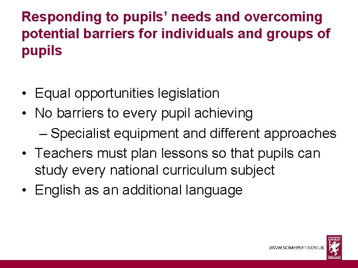 Responding to pupils’ needs and overcoming potential barriers for individuals and groups of pupils