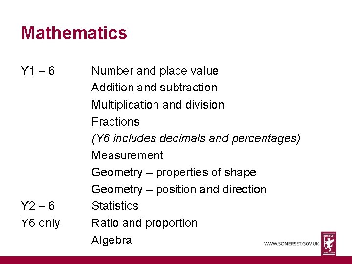 Mathematics Y 1 – 6 Y 2 – 6 Y 6 only Number and