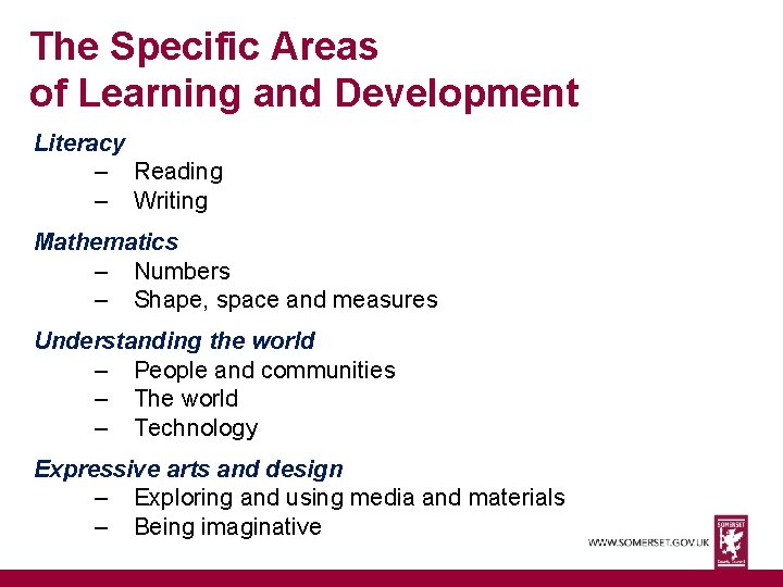 The Specific Areas of Learning and Development Literacy – Reading – Writing Mathematics –