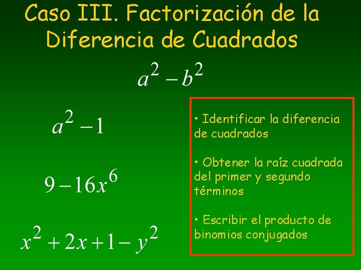 Caso III. Factorización de la Diferencia de Cuadrados • Identificar la diferencia de cuadrados