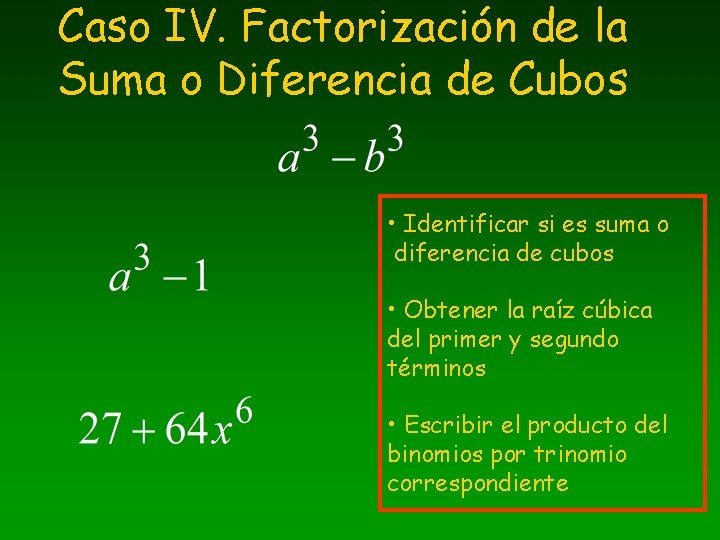 Caso IV. Factorización de la Suma o Diferencia de Cubos • Identificar si es