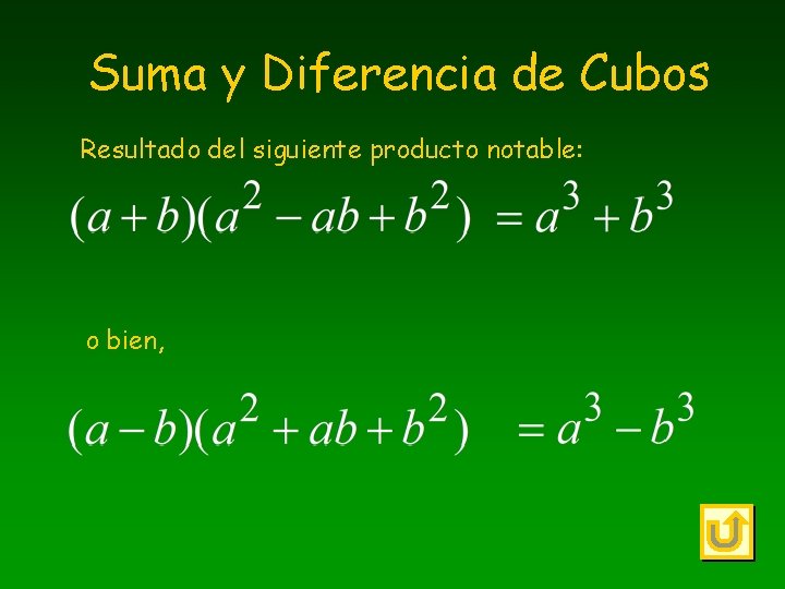 Suma y Diferencia de Cubos Resultado del siguiente producto notable: o bien, 