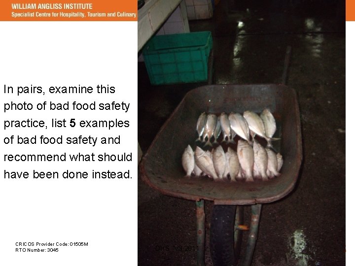 In pairs, examine this photo of bad food safety practice, list 5 examples of