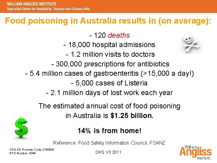 Food poisoning in Australia results in (on average): - 120 deaths - 18, 000