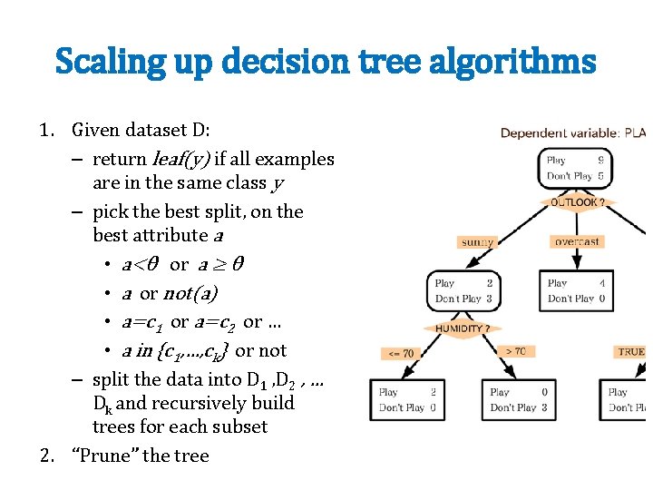Scaling up decision tree algorithms 1. Given dataset D: – return leaf(y) if all
