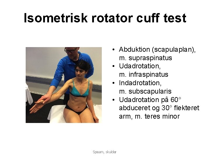 Isometrisk rotator cuff test • Abduktion (scapulaplan), m. supraspinatus • Udadrotation, m. infraspinatus •