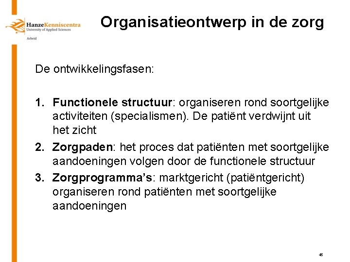 Organisatieontwerp in de zorg De ontwikkelingsfasen: 1. Functionele structuur: organiseren rond soortgelijke activiteiten (specialismen).