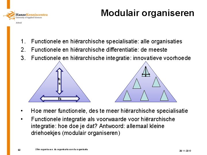 Modulair organiseren 1. Functionele en hiërarchische specialisatie: alle organisaties 2. Functionele en hiërarchische differentiatie: