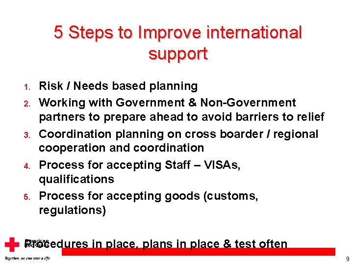 5 Steps to Improve international support 1. 2. 3. 4. 5. Risk / Needs