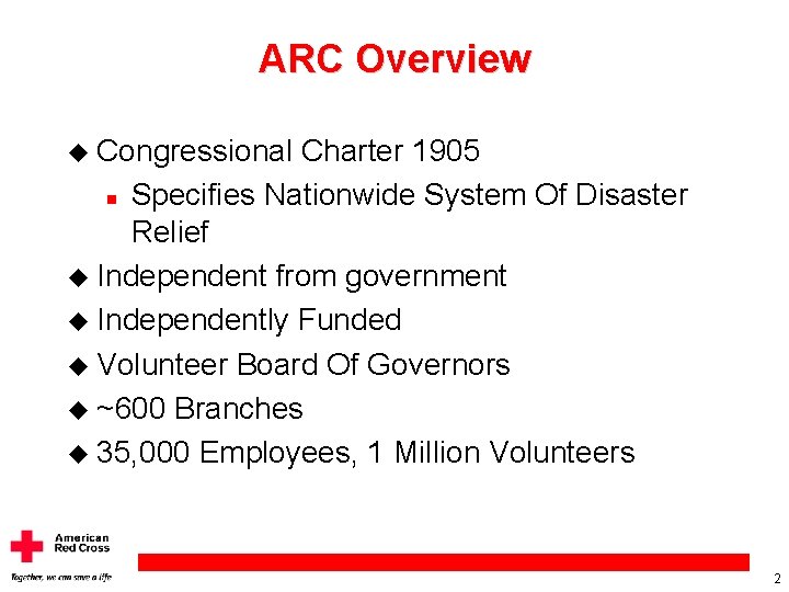 ARC Overview u Congressional Charter 1905 n Specifies Nationwide System Of Disaster Relief u