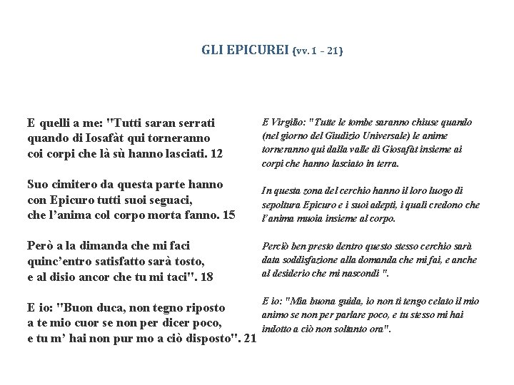 GLI EPICUREI (vv. 1 – 21) E quelli a me: "Tutti saran serrati quando