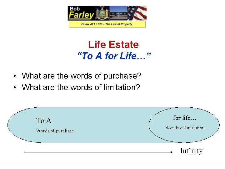 Life Estate “To A for Life…” • What are the words of purchase? •