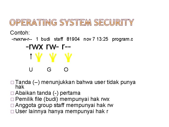 OPERATING SYSTEM SECURITY Contoh: -rwxrw-r-- 1 budi staff 81904 nov 7 13: 25 program.