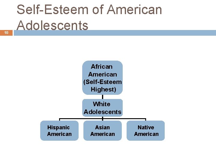 10 Self-Esteem of American Adolescents African American (Self-Esteem Highest) White Adolescents Hispanic American Asian