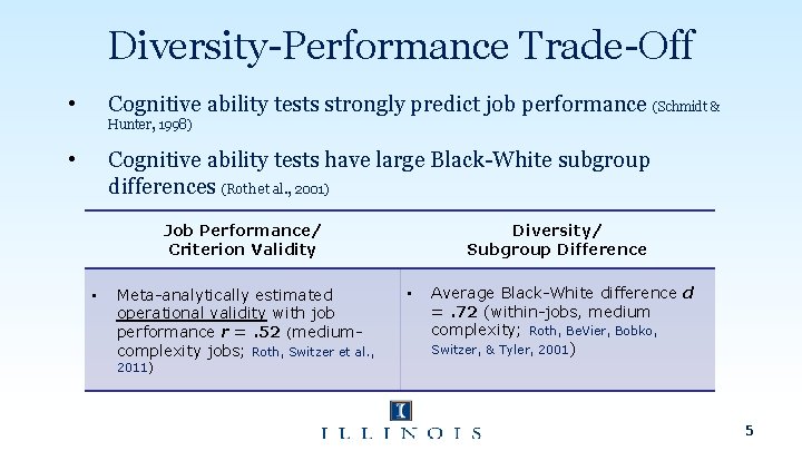 Diversity-Performance Trade-Off • Cognitive ability tests strongly predict job performance (Schmidt & Hunter, 1998)