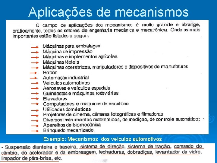 Aplicações de mecanismos Exemplo: Mecanismos dos veículos automotivos Aplicações de mecanismos Exemplo: Mecanismos dos veículos automotivos