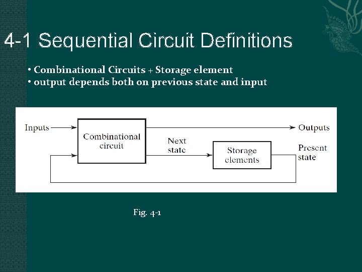 4 -1 Sequential Circuit Definitions • Combinational Circuits + Storage element • output depends