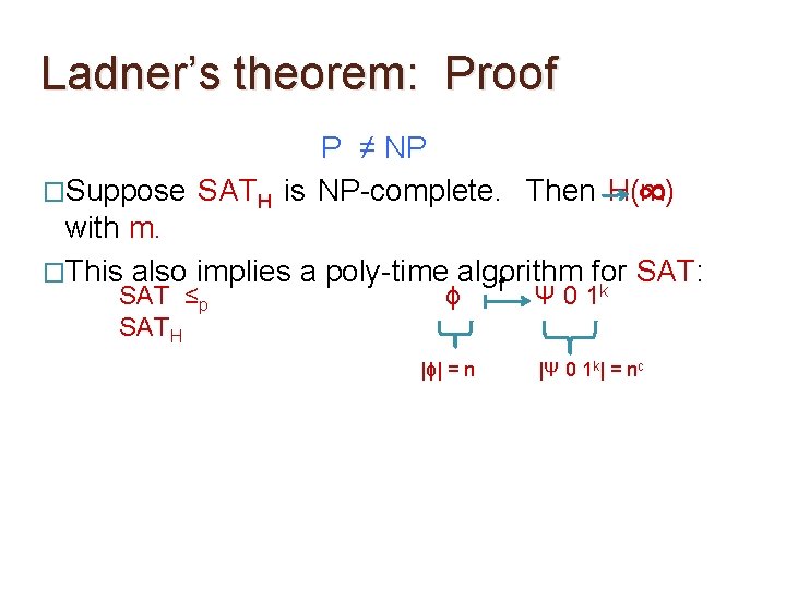 Ladner’s theorem: Proof P ≠ NP �Suppose SATH is NP-complete. Then H(m) ∞ with