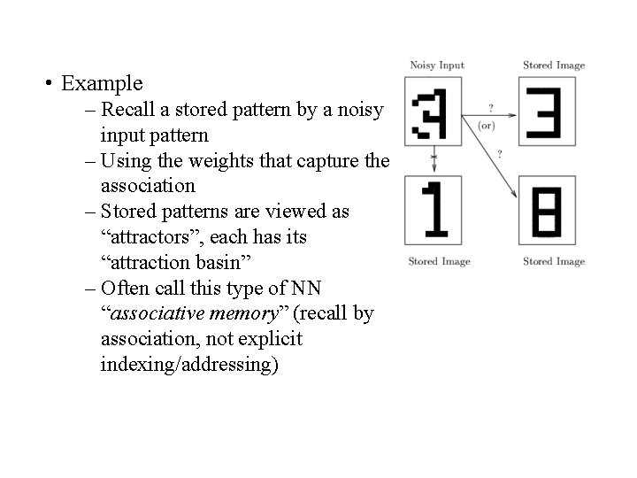  • Example – Recall a stored pattern by a noisy input pattern –