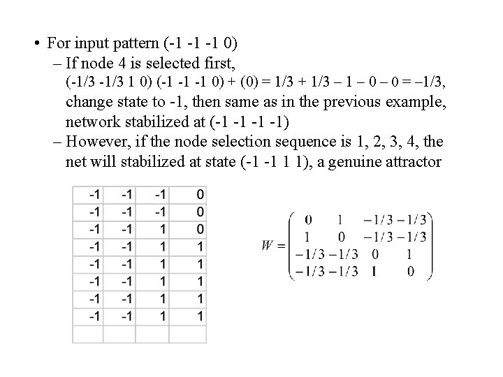  • For input pattern (-1 -1 -1 0) – If node 4 is