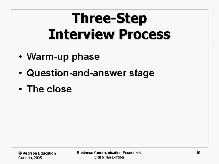 Three-Step Interview Process • Warm-up phase • Question-and-answer stage • The close © Pearson