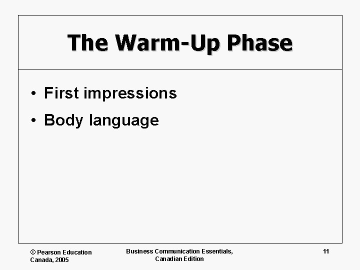 The Warm-Up Phase • First impressions • Body language © Pearson Education Canada, 2005