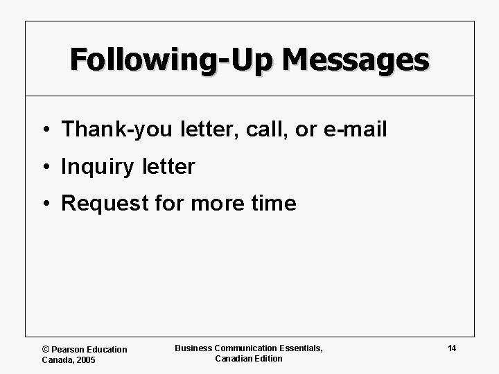 Following-Up Messages • Thank-you letter, call, or e-mail • Inquiry letter • Request for