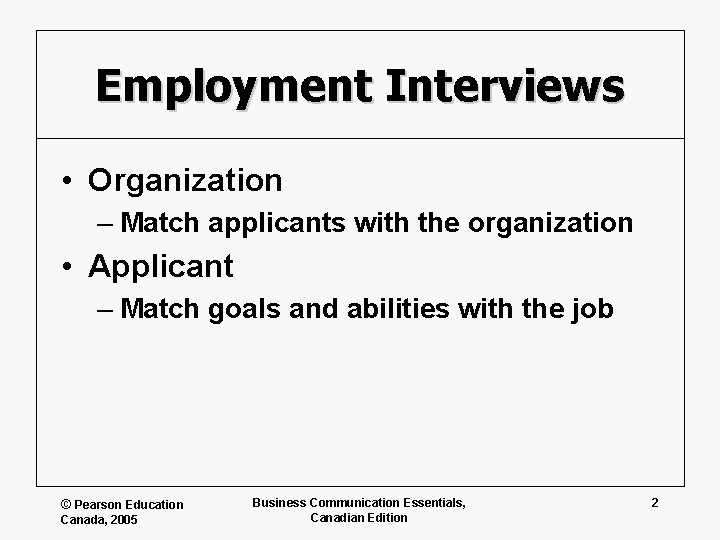 Employment Interviews • Organization – Match applicants with the organization • Applicant – Match