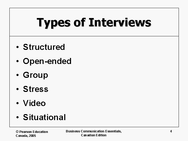 Types of Interviews • Structured • Open-ended • Group • Stress • Video •