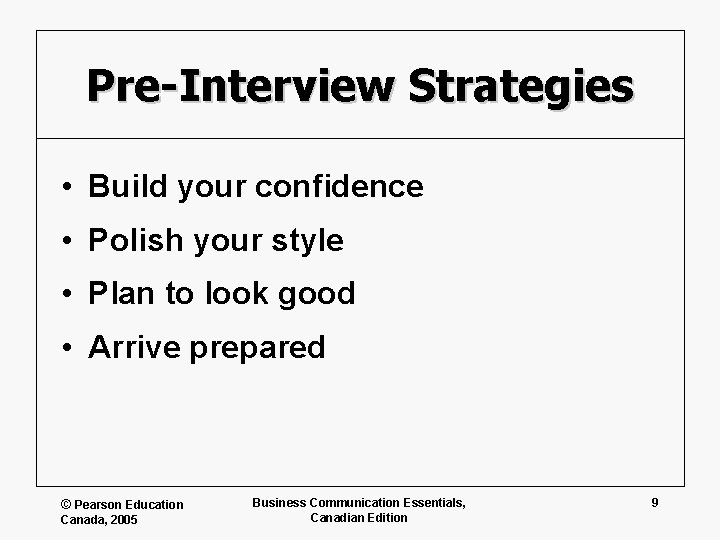 Pre-Interview Strategies • Build your confidence • Polish your style • Plan to look