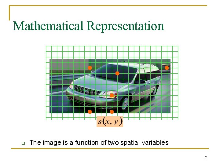 Mathematical Representation q The image is a function of two spatial variables 17 