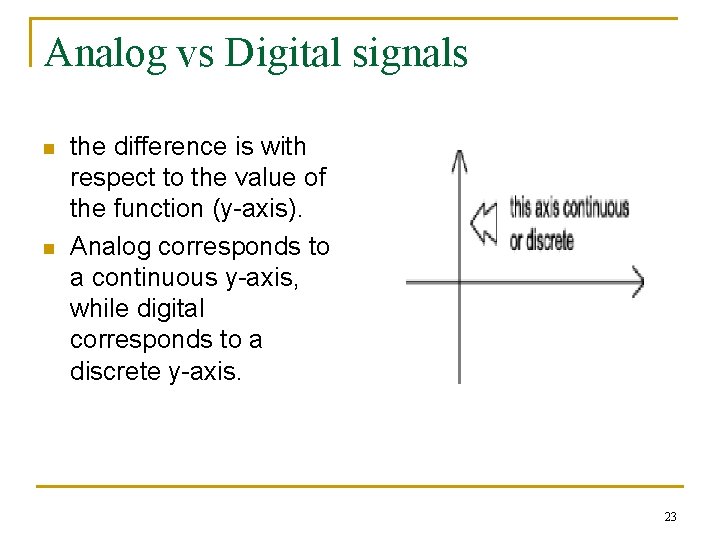 Analog vs Digital signals n n the difference is with respect to the value